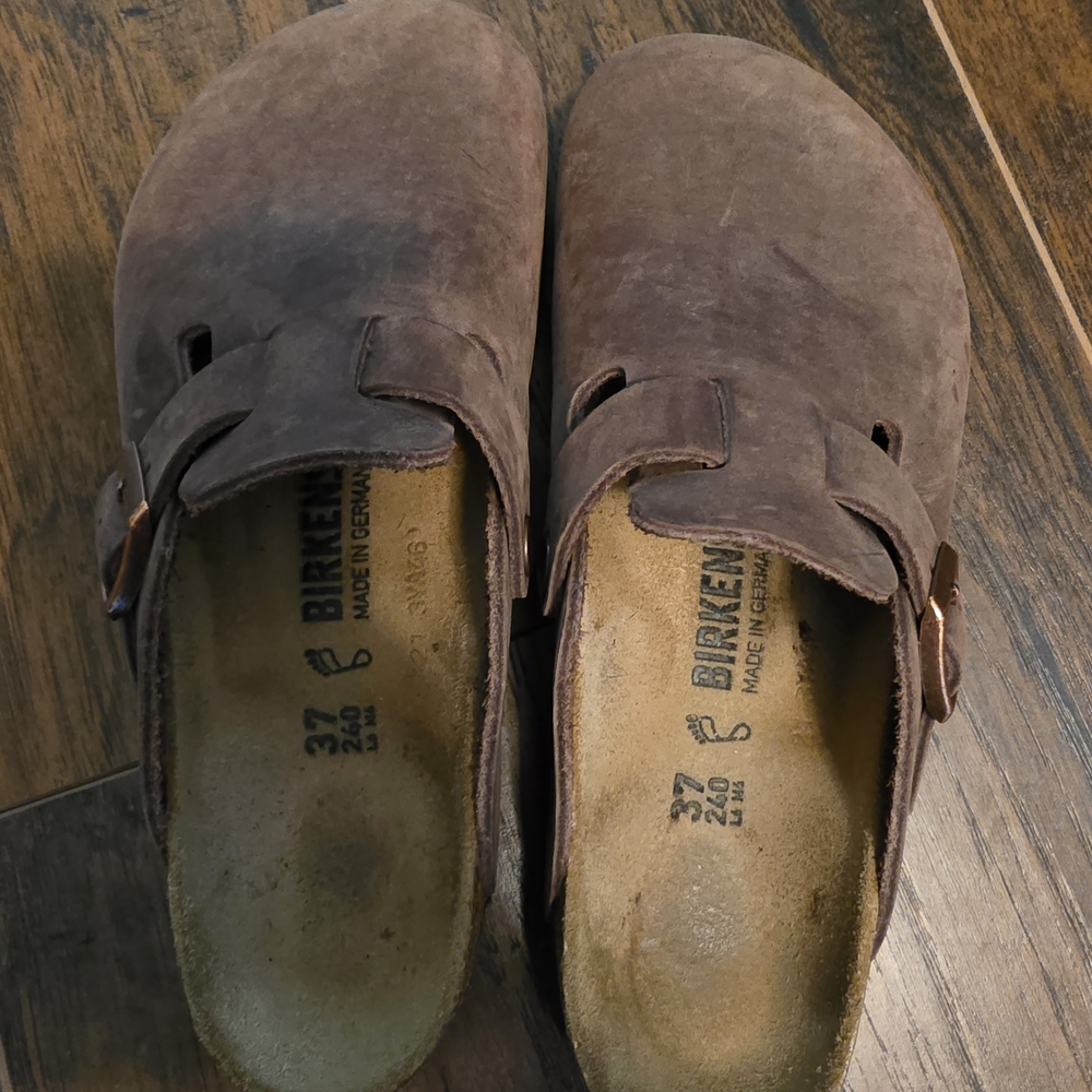 Birkenstock Brown Leather Boston Clogs with Buckle